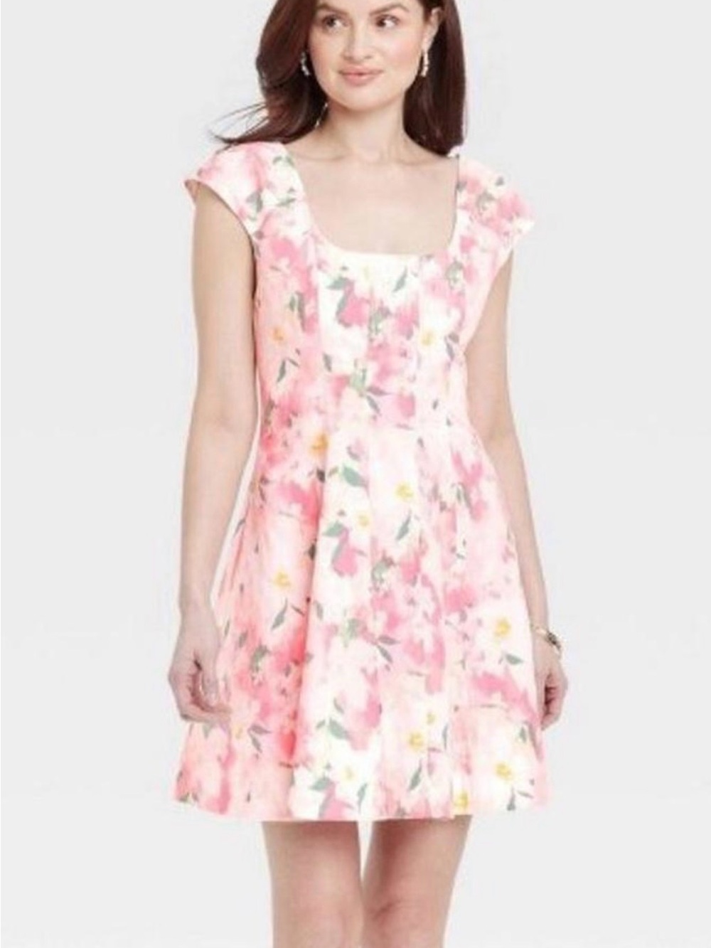 a new day Pink & White Floral Scoop-Neck Fit-and-Flare Mini Dress - Size 4